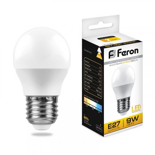 Лампа светодиодная Feron LB-550 G45 Шар E27 220В 9Вт 840Лм 2700К 45х82мм картинка 